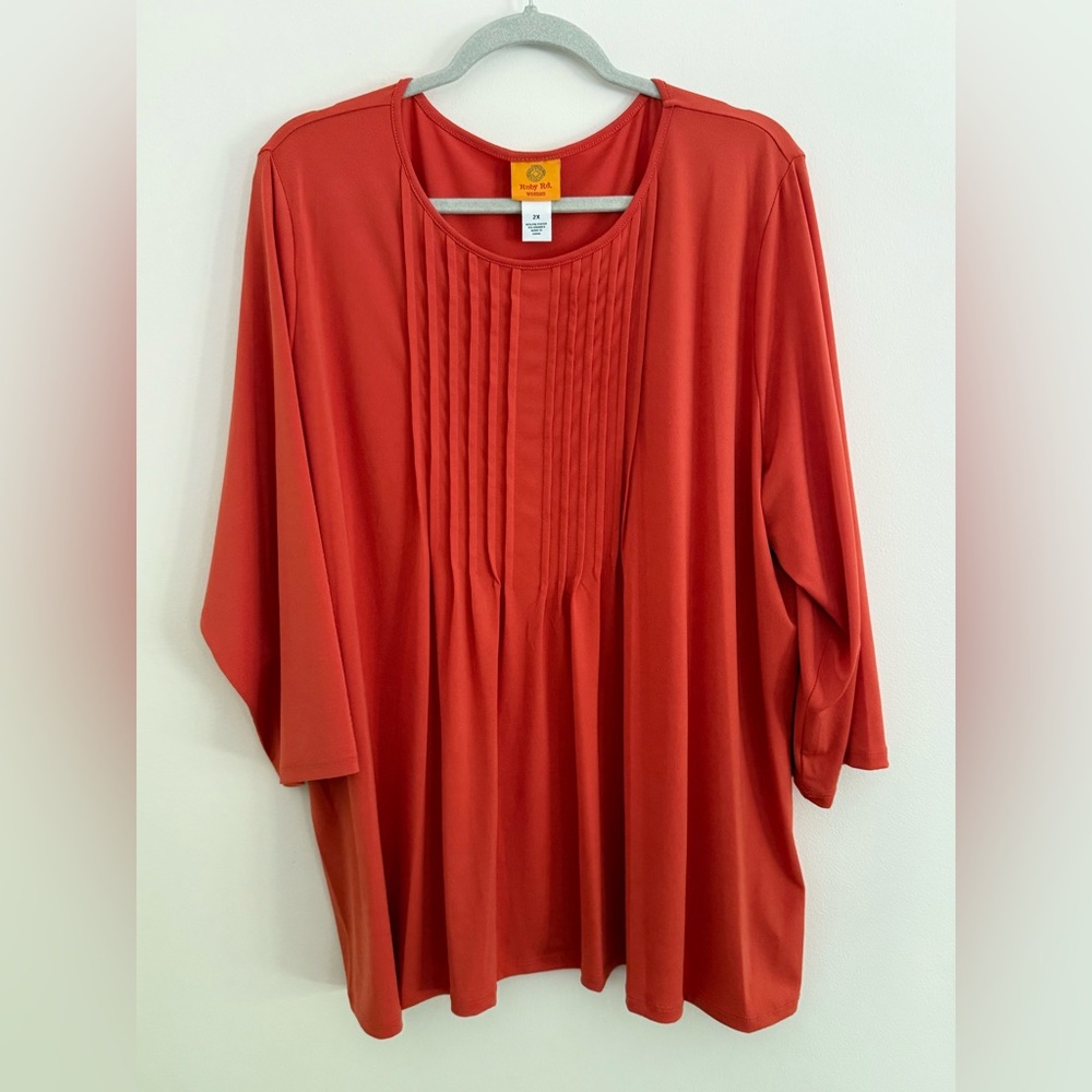Ruby Rd Women’s Plus Size 3/4”‎ Sleeve Pleated Red Orange Blouse Size 2X